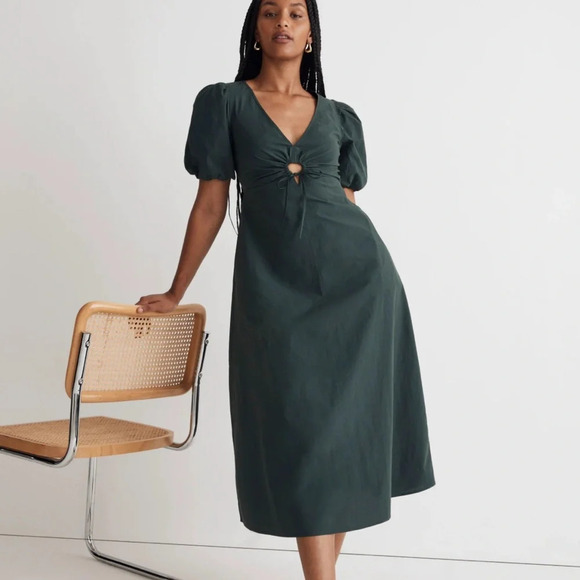 Madewell Cutout Puff Sleeve Poplin Midi Dress - Dark Palm Size 0 - Picture 1 of 5